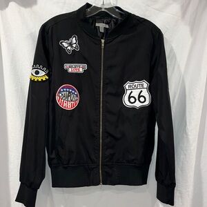 black bomber jacket with patches